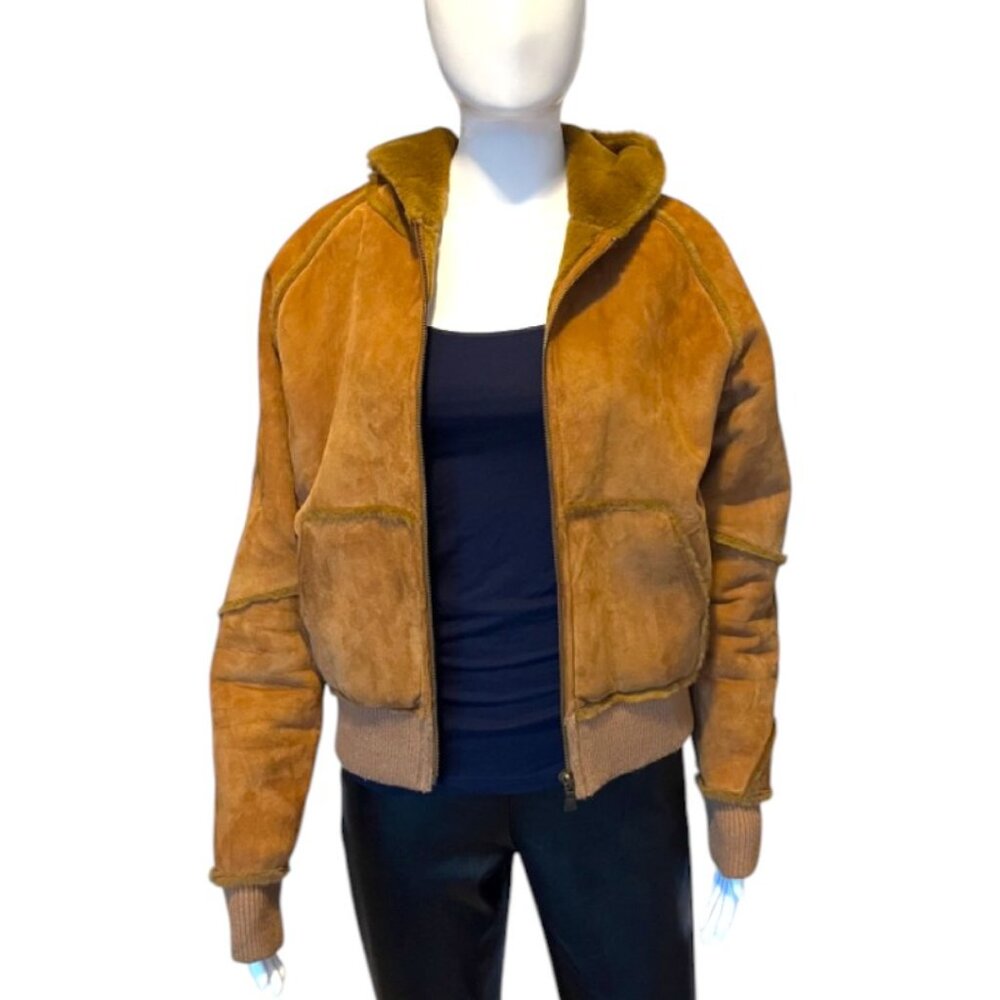 UGG Suede Leather and Faux Fur Lined Hooded Bomber Jacket | Size M - Picture 4 of 14